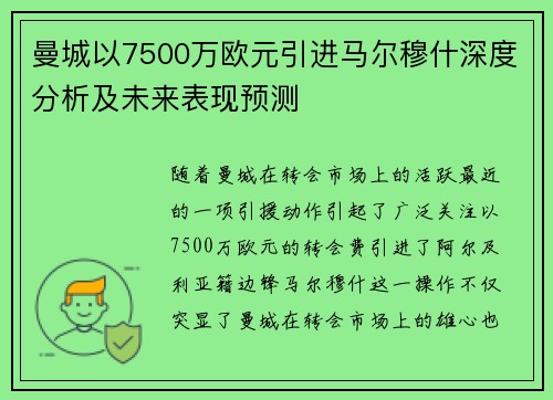 曼城以7500万欧元引进马尔穆什深度分析及未来表现预测