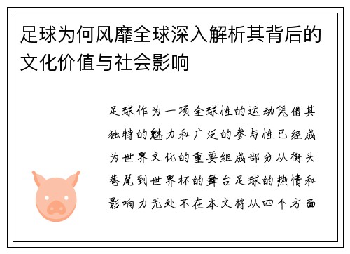 足球为何风靡全球深入解析其背后的文化价值与社会影响